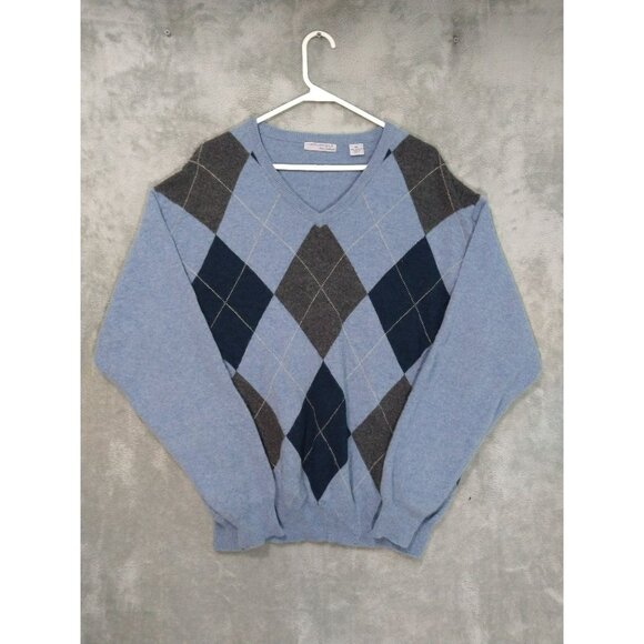 American Blue Sweater Mens XL Pure Cashmere Long Sleeve Argyle V Neck Pullover - Picture 1 of 7